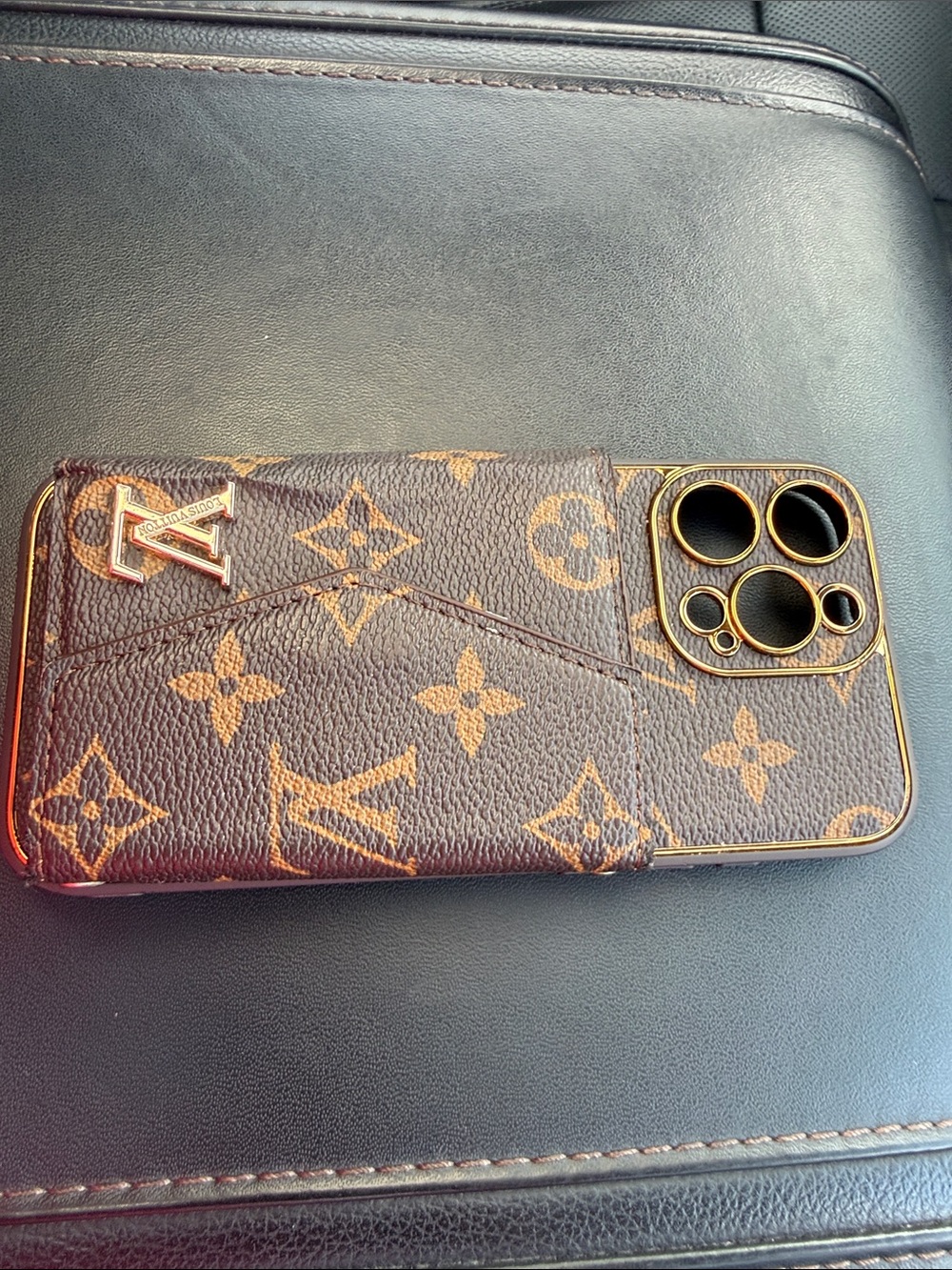Source Unknown Brown Monogram Leather Phone Case with Gold Accents